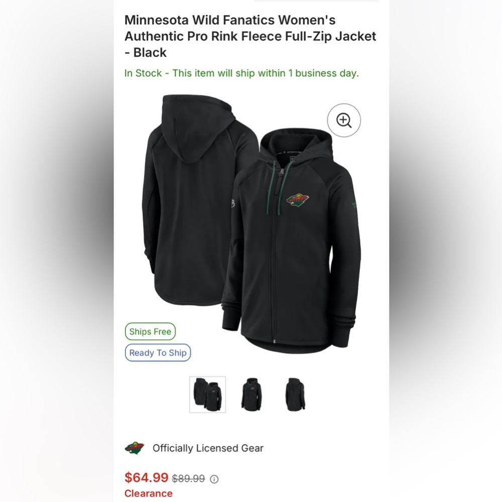 Fanatics Black Pro Rink Women’s Zip Hoodie Small Hockey NHL